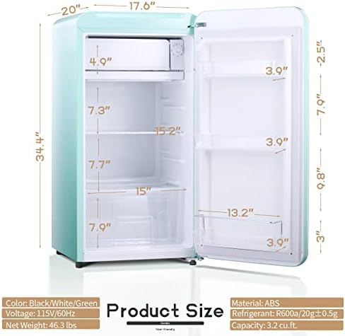 LHRIVER MINI GRIGE com freezer, 3,2 cu. ft. geladeira vintage com prateleiras de vidro removíveis ajustáveis, controle mecânico, alça embutida, geladeira pequena para dormitório, escritório, apartamento