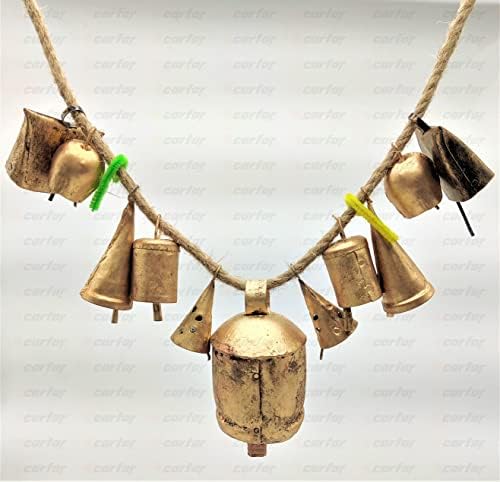 CARFAR HANDICS HANDICS ROSTAGE Rustic Tin Bells Complete Set Wall Hanging Decor Mix Big Cluster Bells On Jute Rope