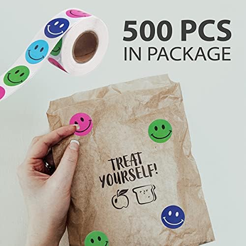 Adesivos de rosto smiley rolo de papel - 500pcs adesivos removíveis para crianças adesivos de rolagem em adesivos de rosto feliz colorido - adesivos de etiqueta de círculo autônomo Emoji adesivos para crianças ensinando suprimentos