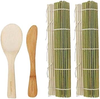 Bamboomn Sushi Making Kit 2x Bambu verde Rolamento de bambu, 1x paddle de arroz, 1x espalhador | tapetes e utensílios de bambu