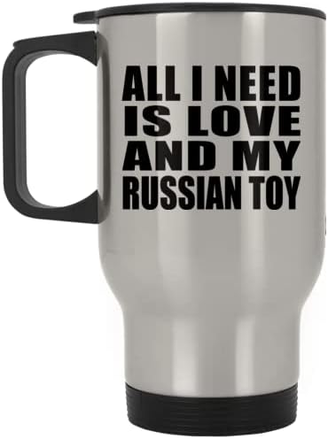 Designsify tudo o que preciso é amor e meu brinquedo russo, caneca de viagens de prata 14 oz de aço inoxidável, copo isolado, presentes para aniversário de aniversário de Natal dos pais do dia das mães Dia