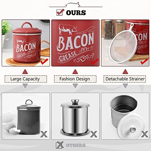 [Capacidade maior] Recipiente de graxa de bacon com filtro fino e tampa - 38 oz de óleo de esmalte o óleo de graxa