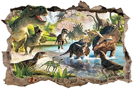 3D Removable Break através dos dinossauros de parede Adesivos mundiais de parede de vinil para meninos Dinosaur de garotos decalques de parede de dinossauros