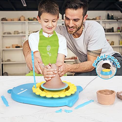 Kit de roda de cerâmica AGLIGLGLE KIDS- Kit de cerâmica de artesanato e artesanato para crianças com 6 barro de escultura, kits de artesanato para crianças- Roda de cerâmica atualizada para crianças com pedal de pé de pausa, kit de pintura para iniciantes