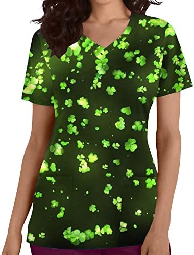 Scrub_top impresso para mulheres de caça curta de decote em V Camiseta Camiseta St. Patrick Lucky Shamrock