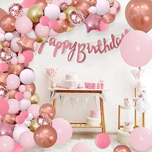 Julliz 144pcs Rose Gold Pink Balloon Garland Arch Kit, Balões de ouro de Rose Metallic Rose ， e Julliz 48pcs Punch Balloons