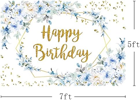 Mehofond feliz aniversário pano de fundo azul flores brancas fotografia adulta background festa de aniversário decoração dourada glitter pontas de sobremesas de mesa de mesa 7x5ft
