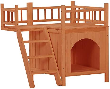 Casa de gato de estimação de madeira de pet 2 abrigo para cães com escadas e varanda, casa de cachorro para qualquer clima para cobertura de laranja em interior, vermelho externo