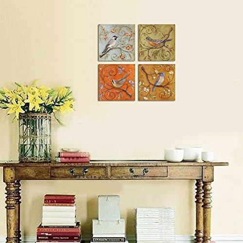 Sechars - Galeria embrulhada em tela de arte de 4 pássaros em ramo de árvores com flores pintando impressão na tela de lona tena de arte de pássaro de pássaro imagens para decoração de quarto de casa decoração