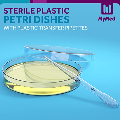 MyMed Pack de 40 placas estéreis de Petri com tampas, 2 ml de pipetas de plástico para análise de laboratório, projetos escolares, amostras de sangue, bactérias, cultivo de plantas e sementes