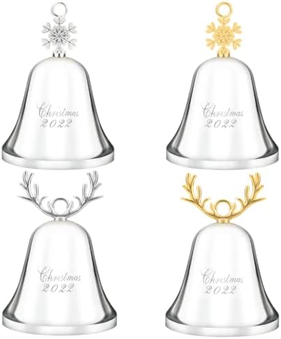 4 Conjunto de 2022 Bell Christmas, sino de Natal anual, ornamento de sino de prata para decorações de Natal, ornamento de sino para aniversário de Natal, sino anual com 2 fita