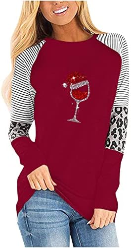 Xiaojmake Womens Christmas Wine Glass Camisa fofa de Papai Noel Selta Casual Bloco de Color Langado Raglan Tees de Raglan