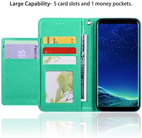 Caso da carteira Eyzutak para Samsung Galaxy S8 Plus, capa de bolso com zíper magnético de 5 slots de cartas com capa de couro com pulso tpu kickstand tampa para samsung galaxy s8 plus - menta verde