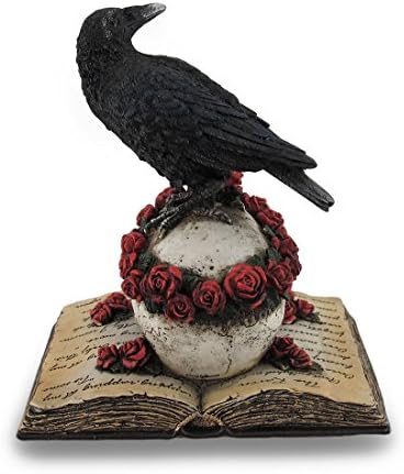 Zeckos empoleirou Raven no crânio de rosas e estátua de livro de poesia aberta