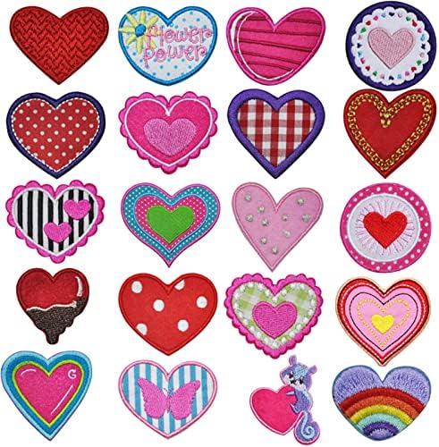Mozzyyee 20pcs Multicolor Hearts Bordado de bordados, manchas fofas de desenhos animados, remendos de costura de apliques bordados para sacolas, jaquetas, jeans, roupas DIY acessórios DIY