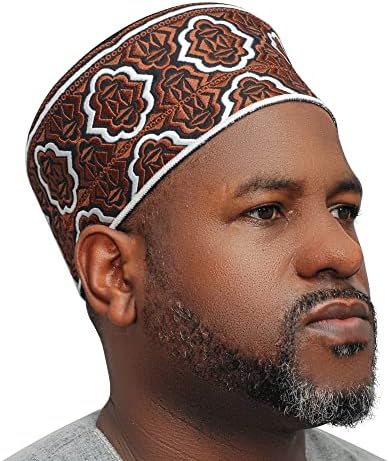 Thekufi marrom em estilo Omã, chapéu kufi africano 4in Cap de oração islâmico bordado alto bordado