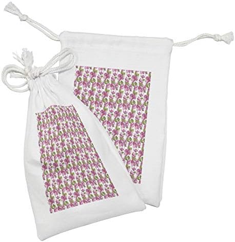 Ambesonne Pink Floral Fabric bolsa Conjunto de 2, florescendo flores em formas geométricas abstratas, bolsa de cordão pequeno para máscaras e favores de produtos de higiene pessoal, 9 x 6, rosa verde pálido