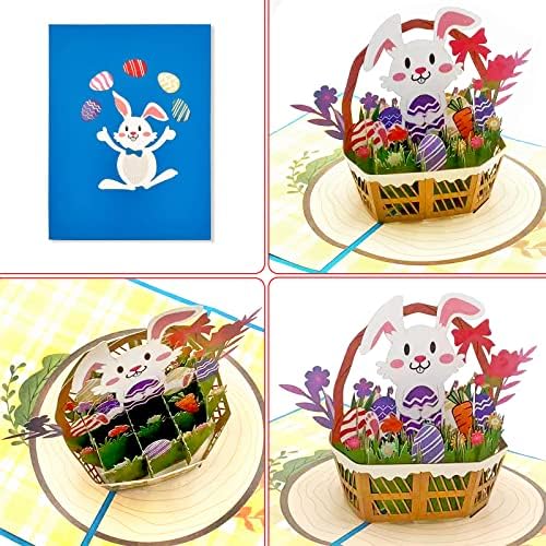 Juesmos Páscoa Pop -Up Cartões Bunny In Flower Basket Pop Up Cart, Cartão de Páscoa 3D, Cartão de Saúde,