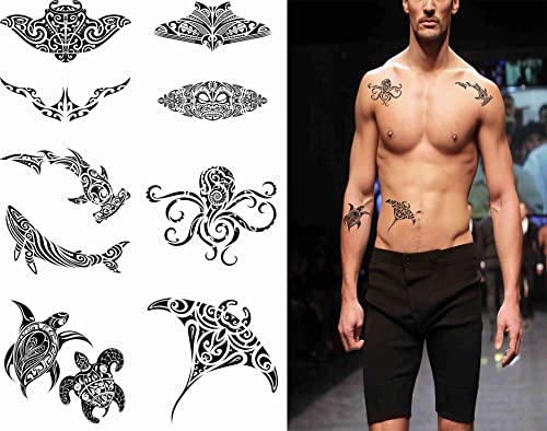 Tattoonova maori 9 lençóis tatuagens temporárias para adultos homens homens mulheres manta martelo tubarão estilo tribal baleia baleia koru octopus Seahorse shell Art Belly e kits de tatuagem falsos conjuntos de braço de pescoço perna com as mãos da perna