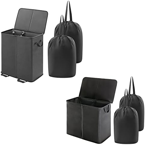 LifeWit 136L Double Laundry Horse, pacote com lavanderia dupla de 105l com tampa e sacos de roupa removível, preto