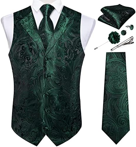 Conjunto de gravata de colete masculino diBangus 7pcs Coloque de paisley de seda e gravata Hanky ​​Cufflinks Pin de lapela do clipe para festa de casamento