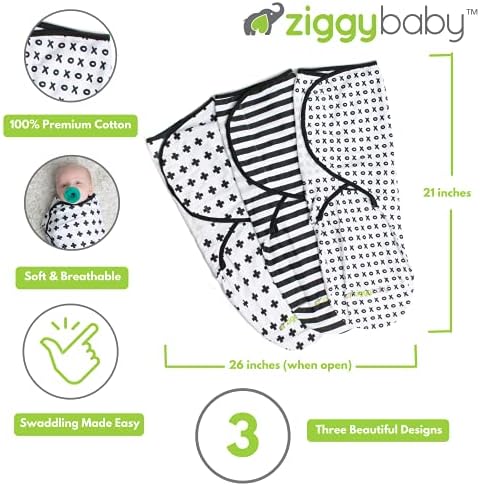 Ziggy Baby Ajusta Baby Swaddles 0-3 meses - Conjunto de envoltórios infantis com cobertor 3 pacote - algodão macio preto e branco - recém -nascidos cobertores para menino ou menina, cobertor de swaddle