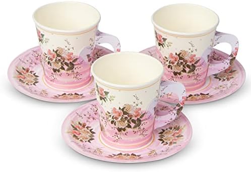Decorações da festa do Tea Royal Bluebonnet - 24 xícaras de chá e pratos, chá de papel descartável e conjuntos de pires para bebidas quentes e frias para aniversário, Páscoa, princesa, festas do dia das mães