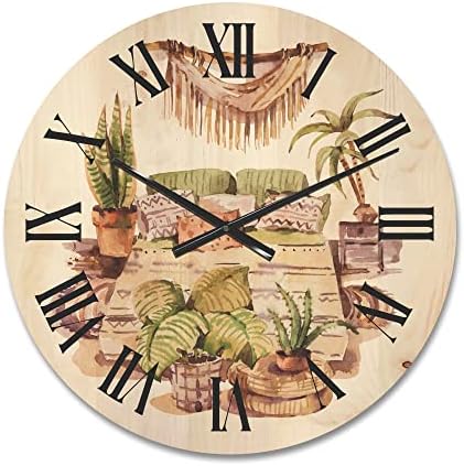 Designq 'Plantas de casa interna Jungina urbana em Flowerpots IV' Relógio tradicional da parede de madeira grande Decorativa Decorativa e Botânica Relógio de Wood Clock de grandes dimensões para a decoração da sala de estar