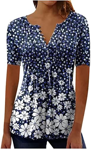 Camisa feminina 2023 Manga curta algodão Vneck Button Up Floral Graphic Sexy Pleated Bouse Tee para senhoras