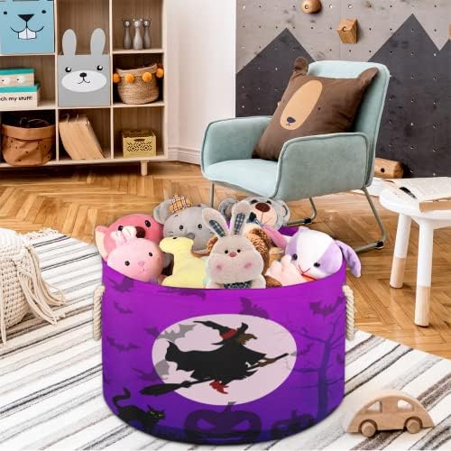 Witch Black Cat Halloween noite grande cestas redondas para cestas de lavanderia de armazenamento com alças cestas de armazenamento de cobertores para caixas de banheiro para organizar o cesto de berçário menino menino
