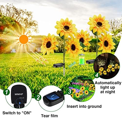 Luzes de estaca de jardim solar ao ar livre MMHF, luz de girassol solar atualizada com 42 LEDs, luzes decorativas solares à prova d'água para jardim, pátio, quintal