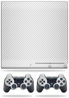 MightySkins Skin for Sony PlayStation 3 PS3 Slim + 2 Controladores - Fibra de Carbono Branco | Tampa protetora, durável e exclusiva do encomendamento de vinil | Fácil de aplicar, remova | Feito nos Estados Unidos