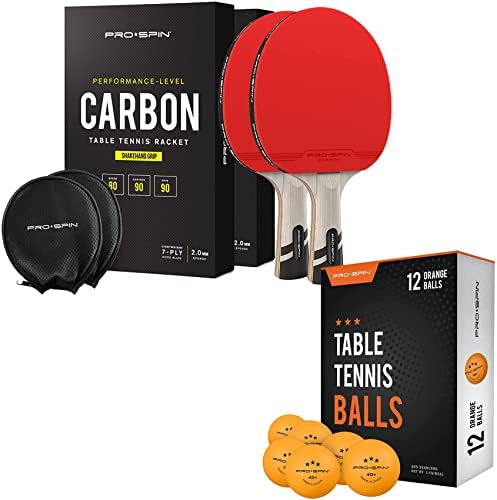 Pacote de fibra de carbono pró-spin ping pong 2 pk & ping ping pong pacote | Série de elite | Blade de 7 camadas | Esponja de 2 mm | Grip ergonômico | Tênis de mesa de 4-estrelas de 3 estrelas laranja | Alto desempenho | Estojo de armazenamento