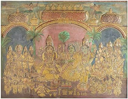 Índia Exótica 52 x 40 Rama Darbar Tanjore Pintura | Cores tradicionais com ouro 24K | Quadro de