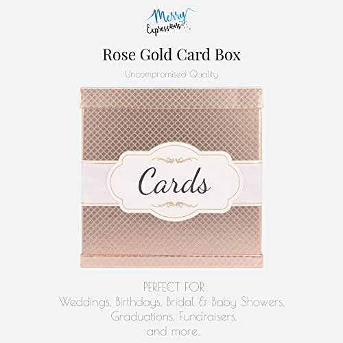 Caixa de cartão de ouro rosa - Rótulo de fita de cetim e cartões de papel dourado - 10 x10 acabamento premium grande, perfeito em recepções de casamento, aniversários, graduações, chuveiros de noiva e bebê