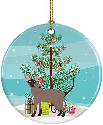 Tesouros de Caroline CK4670CO1 Oriental Bicolor Cat Feliz Natal Cerâmica Ornamento, decorações de árvores de Natal, ornamento pendurado para Natal, feriado, festa, presente, presente