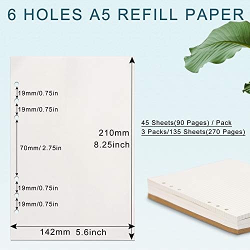 Papel de recarga A5, [3 pacote] TopLive 100gsm de papel recarregável de espessura de 6 orifícios inserções de papel folhas soltas 135 folhas para o diário de diário de 6 aneladas em branco