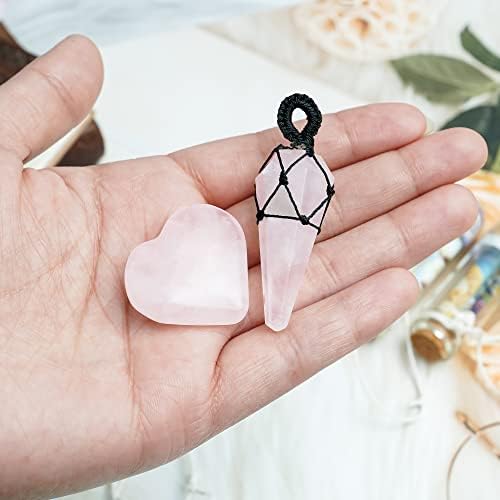 Crocon 2pcs Rose Quartz Crystals Gift Greet, Stone Heart With Pinging, Cura de Chakra Cristal Pingente Gemstone