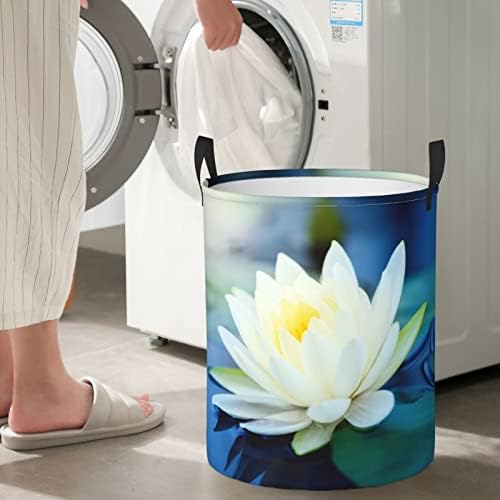 Flores de lótus brancas cesto de lavanderia, alça de banda de desgaste à prova d'água, cesta de roupa redonda para quarto e lavanderia