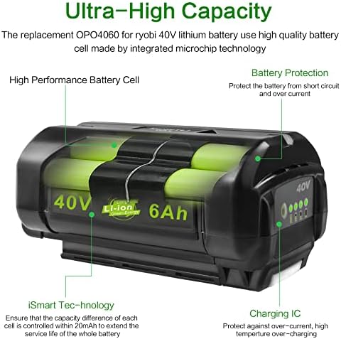 2 pacotes Op4060 40V Substituição de bateria de lítio 6.0AH para todas as ferramentas de energia Ryobi 40 volts OP4015 OP4026 OP40201 OP40261 OP4030 OP404003 OP40401 RY OP4050101