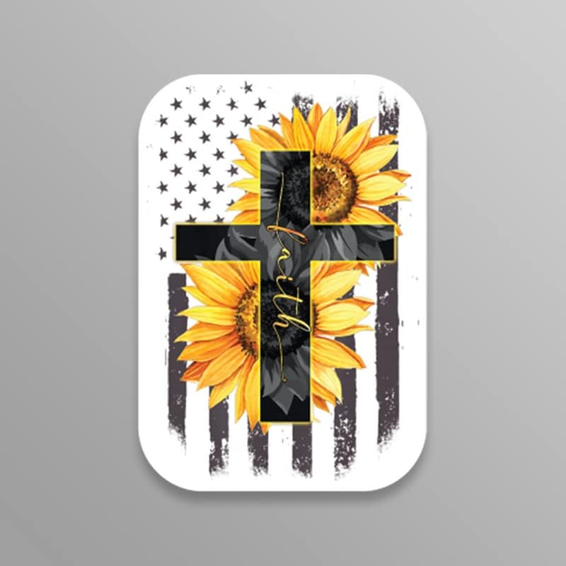 Faith Cross American Flag Sunflower Sticker | Ótima ideia de presente | adesivo de decalque | 2 pacote | adesivos de 5 polegadas | S11201
