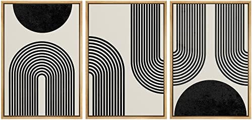 Signleader emoldura em enquadramento de parede de parede de parede Parabolas em espiral e sólido semi -círculo de desenhos geométricos Desenhos de arte moderna contemporânea preta e branca para sala de estar, quarto, escritório - 16 x24 x3 natural