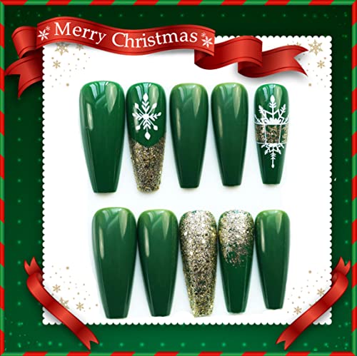 Rodaky 24pcs Pressão de Natal de ouro nas unhas de caixão de unhas verdes verdes extras bastão brilhante