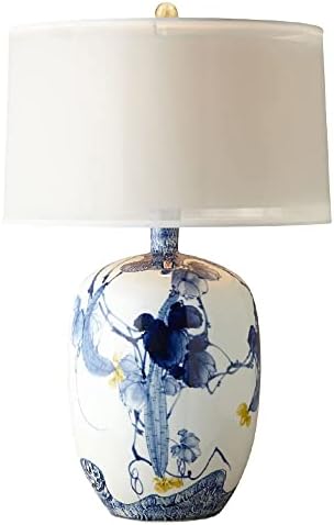 Lâmpada de mesa de porcelana azul e branca chinesa sduytdg, lâmpada de cabeceira de cerâmica com tom de tambor duplo,