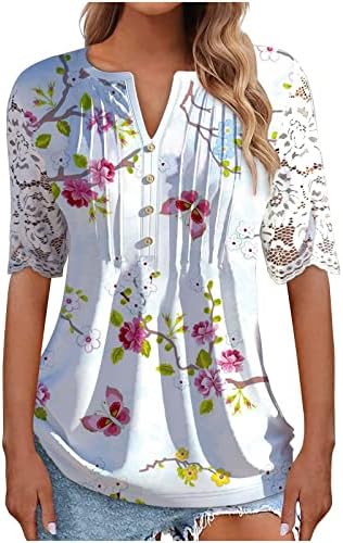 Button Down Down para mulheres, 2023 camisa de flores de flor e pássaro casual camiseta de canela curta solta de decote em V Tops