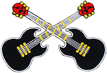 Pó gráfico de pó preto crânio elétrico guitarra bordada ferro bordado em patch applique punk rock n roll