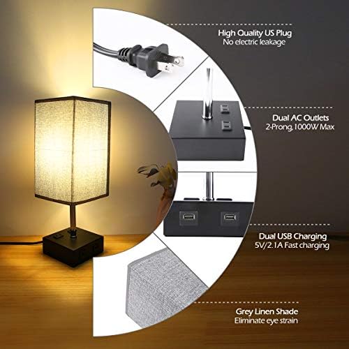 Lâmpada de mesa, lâmpadas de cabeceira para o quarto com 2 portas USB + 2 saídas CA, abajur de linho de tecido cinza,