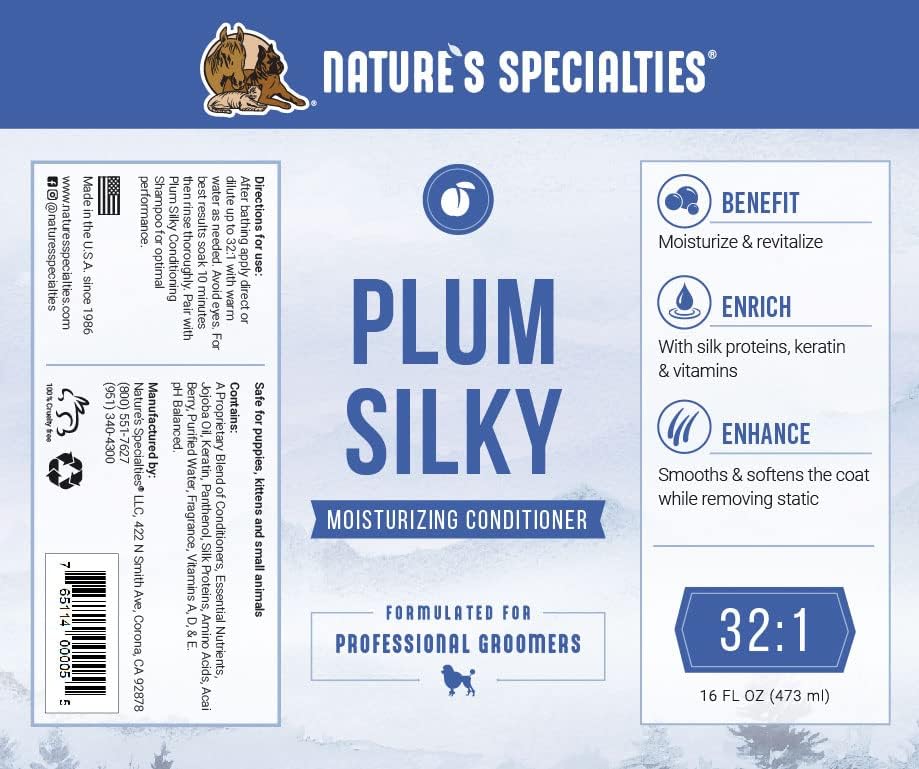 Especialidades da natureza Plum Silky Groom cheiro de pacote fantástico, shampoo ultra concentrado 16oz + Condicionador 16oz + Mixagem Bottle + Colônia 8oz, feita nos EUA