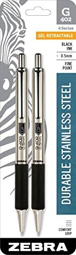 Caneta em gel retrátil de caneta Zebra G-402, barril de aço inoxidável, ponto fino, 0,5 mm, tinta preta, 2 pacote