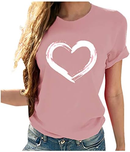 Camiseta feminina tamas de tee gráfico de coração fofo Tops de manga curta 2023 Casual Crewneck Tunic Tops